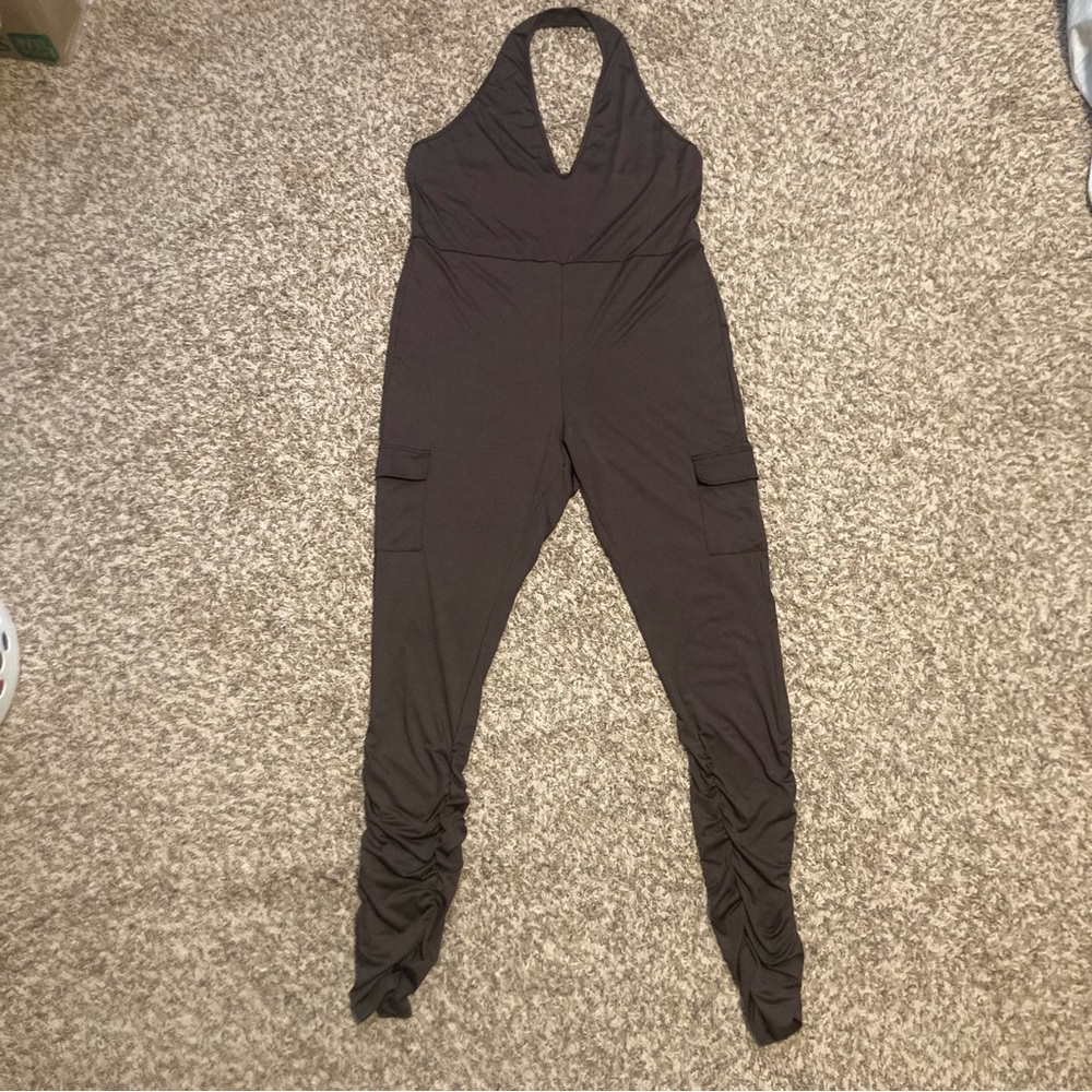 SHEIN Curve Dark Brown Halter Jumpsuit, Cargo Pockets, Ruching, Sz 2X